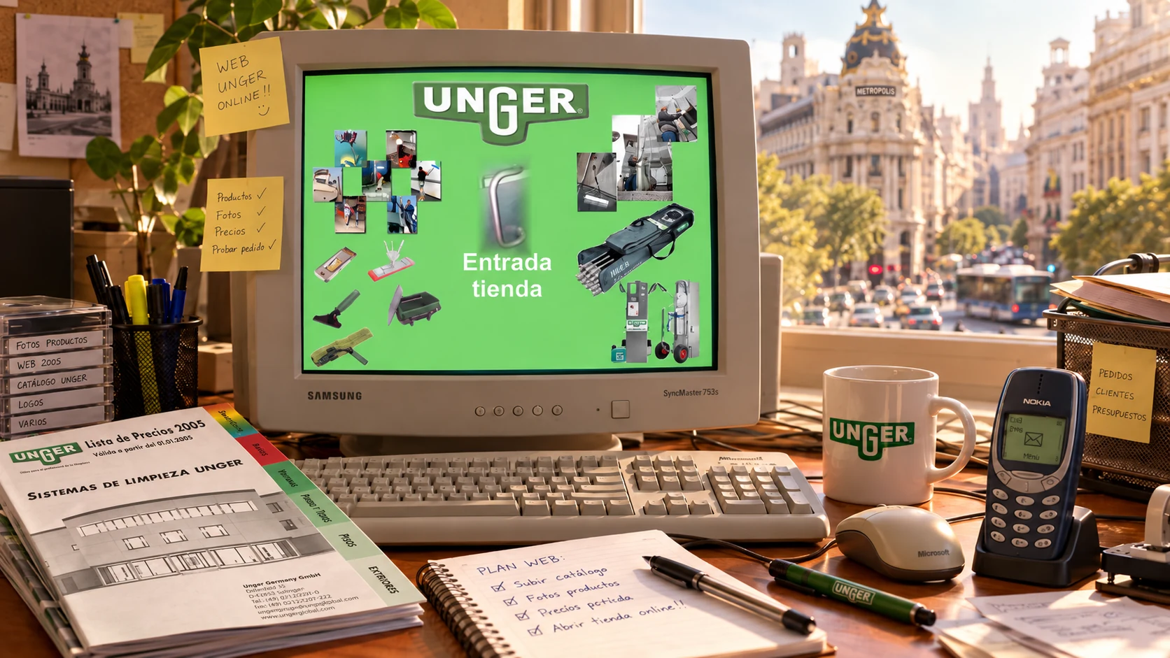 Recreación de una oficina de 2005 con un ordenador antiguo, la primera tienda online de productos Unger y el catálogo original de 2005